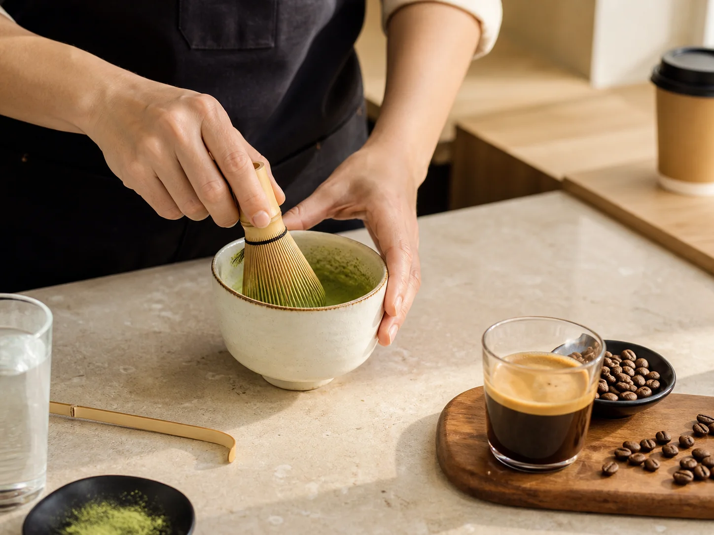 Preparación cuidadosa de matcha y espresso